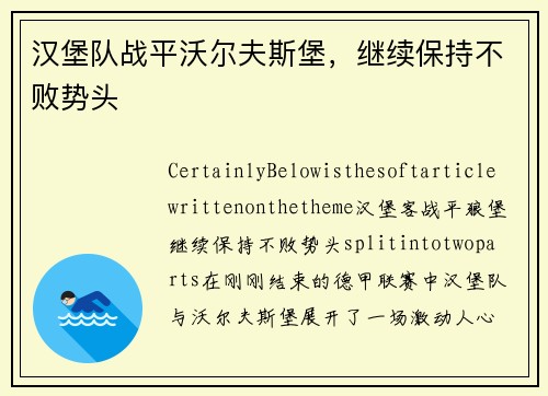 汉堡队战平沃尔夫斯堡，继续保持不败势头