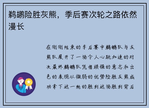 鹈鹕险胜灰熊，季后赛次轮之路依然漫长